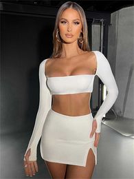 Two Piece Dress wsevypo Women Two-Piece Slit Co-Ord Sets Summer Fall Casual Streetwear Suits Long Sleeve Crop Tops+Mini Skirt Club Matching Sets P230517