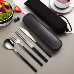 Dinnerware Sets 4Pcs/set Camping Tableware Set Reusable Travel Cutlery Set Stainless Steel Spoon Fork Chopsticks Portable Case with Gift Box 230518