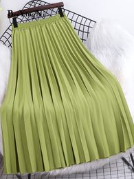 Skirts Beiyingni Women Pleated Skirt Solid Colour Casual Slim A-line Fashion Elastic Waist Midi Skirts Girls White Green Spring Summer 230518