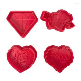 Baking Moulds 4Pcs Valentine's Day Love Rose Diamond Cake Plunger Mold Cookie Cutter Fondant Decoration Tool Wedding Chocolates Biscuit