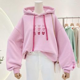 Women's Hoodies Sweet Pink Lover Embroidery Plush Women Korean Fashion Winter Tops Oversized Streetwear Harajuku Kawaii Clothes Teens