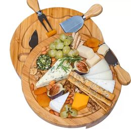 Neue Bambus-Küchenwerkzeuge, Käsebrett und Messer-Set, runde Wurstbretter, drehbare Fleischplatte, Urlaubs-Einweihungsgeschenk, Großhandel