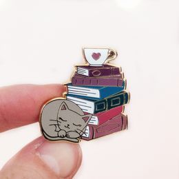 Kawaii Cat Book Stack and Teacup Hard Enamel Pin Cute Cartoon Animal Kitty Medal Brooch Fashion Lapel Backpack Pins Jewelry Gift