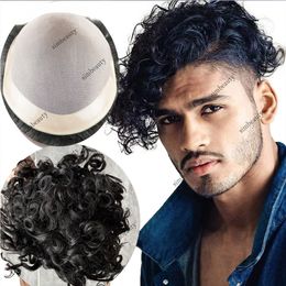 Durable Mono Lace with PU Coating Mens Toupee 20mm Curly Natural Human Hair Replacement System Breathable Man Wig free Shipping