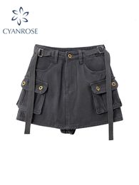 Skirts Rok Mini Abu abu Wanita Kargo Pinggang Tinggi Mode Musim Gugur Dingin Streetwear Pendek Saku untuk 230517