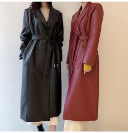 Women's Leather Spring Autumn Long Faux Trench Coat For Women Belt Double Breasted Designer Clothes Fashion
