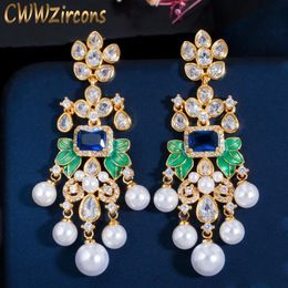 Knot CWWZircons Flowers Cubic Zircon CZ Long Dangle Pearl Earrings for Women African Bridal Earring aretes de mujer modernos CZ656