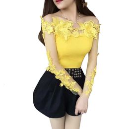 Women's Blouses Shirts Spring Summer Women Shirt Sweet Floral Lace Blouse Ladies Long Sleeve Slash Neck Backles Mesh Short Blusas Tops 830 230517