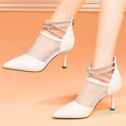 Dress Shoes High Heels Women's Rhinestone Strappy Cow Leather Pointed Toe Party Pumps Slim Heel Summer Ankle Boots Wedding Shoe