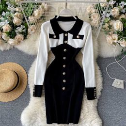 Basic & Casual Dresses Designer New design women's autumn long sleeve turn down collar color block knitted sweater dress bodycon tunic pencil short ZRNX