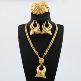 Necklace Earrings Set Dubai Bracelets Rings For Women Nigerian Bridal Wedding Flower Pendant Gift 18k Gold Plated Copper Jewelry