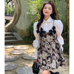 Women cute white puff long sleeve blouse and cat painting print bow spaghetti strap dress 2 pc dress set ball gown suit SMLXLXXL