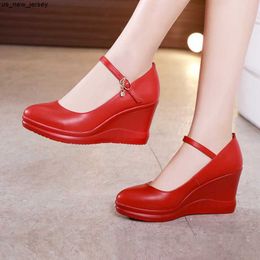 Sandals Spring Autumn Women Wedges High Heel Red Black White Shoes Thick Platform Pumps Soft Leather Vintage Casual Shoes J230518