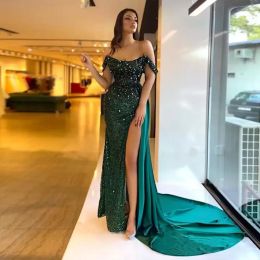 Sequined Splendid Prom Dresses Emerald Green Off Shoulder Evening Dress Custom Made High Split Sparking Women Formal Party Gown NEW