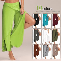 Capris Summer Women Slit Flared Palazzo Trousers Wide Leg Pants Chiffon Side Split Casual Loose Pants Elegant Lady Harem Yoga Pants 5XL