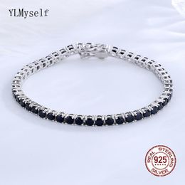 Bangle Solid Pure Silver 15/16/17/18/19/20/21 cm Tennis Bracelet Pave 3 mm Round Black Jet Zircon Elegant Real 925 Jewellery For Women