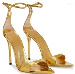 Sandals Gold Black Nude Shiny Leather Cover Heel One Line Buckle Summer Women Peep Toe 8 10 CM Stiletto Heels Dress Shoes Lady