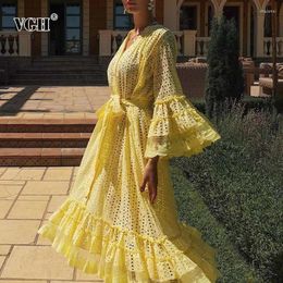 Casual Dresses VGH Yellow Hollow Out Dress For Women V Neck Flare Long Sleeve High Waist Lace Up Bowknot Midi Female Summer Fashion