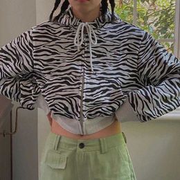 Women's Hoodies Sweatshirts Oversized Casual Hoodie Korean Style Vintage Zebra Print Sweatshirt Puff Sleeve Zip Up Hoodie Women Crop Top Y2k Fashion 2021 P230518