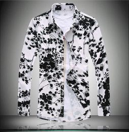 Men's Casual Shirts Spring And Autumn Fashion Flower Shirt Men Plus Size Clothing Print Long-Sleeve Nightclub Costumes DressMen's