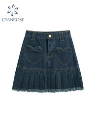 Skirts High Waist Y2k Pleated Denim Skirt Women Casual Love Graphic Pocket Blue Washed Mini Skirt Summer Streetwear E-girl Outfits 230518