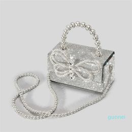 Luxury Diamonds Bow Box Evening Bag Designer Rhinestone Beading Women Handbags Shinny Shoulder Crossbody Bag Small Flap Purses