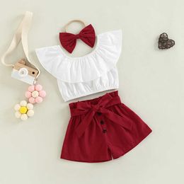 Clothing Sets 3pcs Baby Girls Outfits Sets Summer Fashion Solid Colour Boat Neck Flounced Tops and Shorts and Headband Clothing