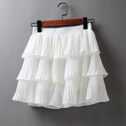 Skirts Summer Women Elasticity Waist Mini Skirt Ladies Chiffon Skirt Ladies Casual Cake Skirts Black White Femme Pleated Skirts 230518