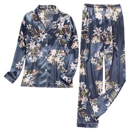 Women's Sleepwear Spring Summer Pyjama women Silk Satin Pyjamas set Long sleeve Shirt with Trouser Sleepwear Loungewear Female Pyjamas Suits Mujer 230517