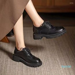 Dress Shoes Thick Sole Small Leather For Women British Style Block Brown Casual Lace Up Vintage Women'S Spring Single