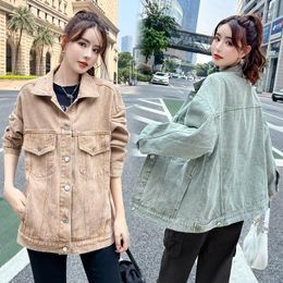 Women's Jackets Vintage Green Loose Casual Fashion Long Sleeve Denim Jacket For Women Spring And Autumn 2023 Large Size Female Clothes T1765