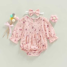 Clothing Sets Baby Girls Jumpsuits Outfit Floral Printed Long Sleeves and Headband Set for Toddler Infant Autumn Clothing