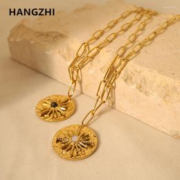 Pendant Necklaces HangZhi Hexagonal Star Inlaid Natural Stone Round Geometry Relief Titanium Steel Necklace Trendy For Women Party Jewelry