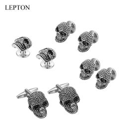 LEPTON Skull Cufflinks tuxedo studs Sets For Men Lepton Vintage Skeleton Cufflink Collar Studs Cuff links Best Men Gift Set
