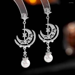 Dangle Earrings 1 Pair Clear CZ Star Moon Drop Luxury Pearl Tassel For Women Party Accessories Fashion Jewelry