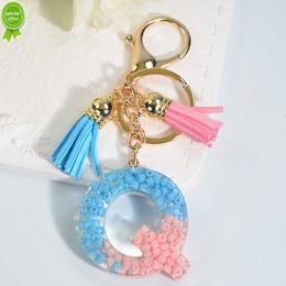 New Cute Rubber Ring Filled Letters Keychain Blue Pink Tassel Pendant Keyring for Women Girls Bag Ornaments Party Anniversary Gifts