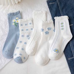 Socks Hosiery Floral Beaded Pleated Women Socks Summer Thin Harajuku Streetwear Crew Socks Blue Flower Japanese Print Cute Woman Socks P230517
