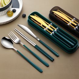 Dinnerware Sets 304 Dinnerware Set Eco Friendly Dish Kitchen Accessories Silverware Sets Gold Knife Fork Spoon Portable Cutlery Sets with Case 230518
