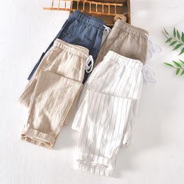 Men's Pants Men's Casual Linen Elastic Waist Drawstring Cotton Trousers Spring Summer Loose Fit Beach Breathable Striped