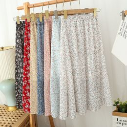 Skirts Summer Long Skirts for Women Boho Elegant Floral Print Pleated A Line Skirt Korean Harajuku Chic Simple Midi Chiffon Skirts 230518