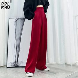 Capris Design Zipper High Waist Wide Leg Pants Women 2023 Spring Summer Thin Elegant Red Pantalones Office Lady Work Baggy Trousers