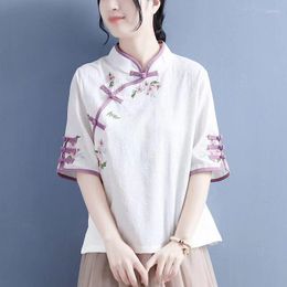 Women's T Shirts Chinese Style Embroidered Short Sleeve T-shirt Women's Cotton Stand Collar Clothing Vintage Casual Women Hanfu Tops