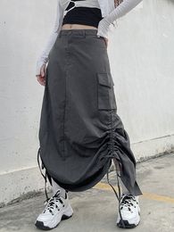 Skirts Grunge Punk Adjustable Drawstring Skirts Women High Waist Pocket Baggy Long Skirt Y2K Aesthetic Goth Skirts Female Summer Fall 230517