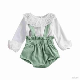 Clothing Sets Baby Long Sleeve Lace Shirt and Shorts with Suspenders Elastic Waist Lotus Leaf Decoration Cute Style Spring Clothing 2Pcs Set R230518