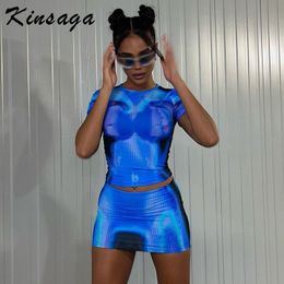 Two Piece Dress Sexy Y2K 3D Body Print Skirts Set Women Short Sleeve Crop Top Blue Co Ord Matching Streetwear Pink Bodycon Baddie Outfits 230518
