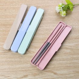 Chopsticks Chinese 304 Stainless Steel 1 Pair Wheat Straw Sticks Portable Travel With Storage Box