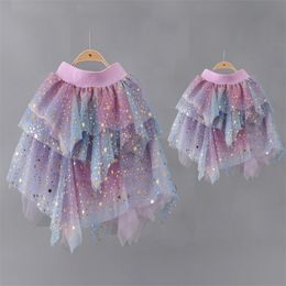 Family Matching Outfits Set Sequin Mommy and Me Clothes Irregular Mother Daughter Dresses Mesh Women Girls Tutu Skirts 230518