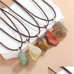 Pendant Necklaces Natural Irregar Rough Fluorite Stone Healing Crystal Gemstone Brown Rope Chain Necklace Women Jewellery Drop Dhgarden Dhxbc