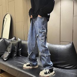Men's Jeans European And American Style Pants High Street Straight Pocket Big Zipper Strap Design Sensor Workpieces