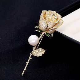 Unisex Fashion Men Women Pins Brooches Gold Plated Full CZ Rose Brooches Pins for Men Women Suit Lapel Pins for Party Wedding247P